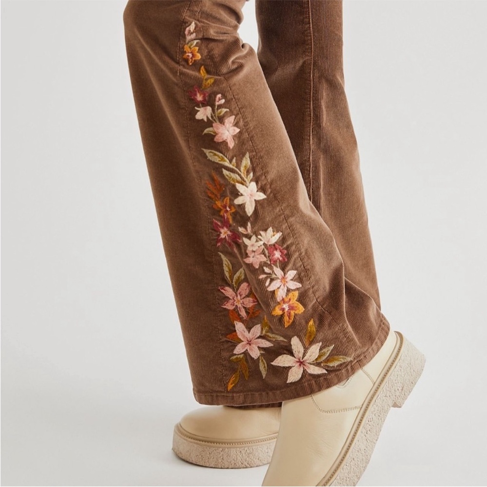 DRIFTWOOD Farrah Brown Embroidered Flare Pants with floral Accents - Picture 3 of 9